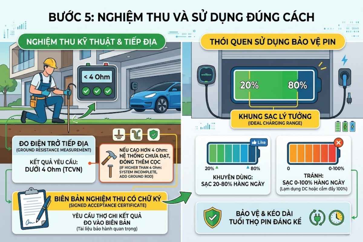 Kiểm tra điện trở tiếp địa dưới 4 Ohm và quy tắc sạc pin xe điện 20-80%.