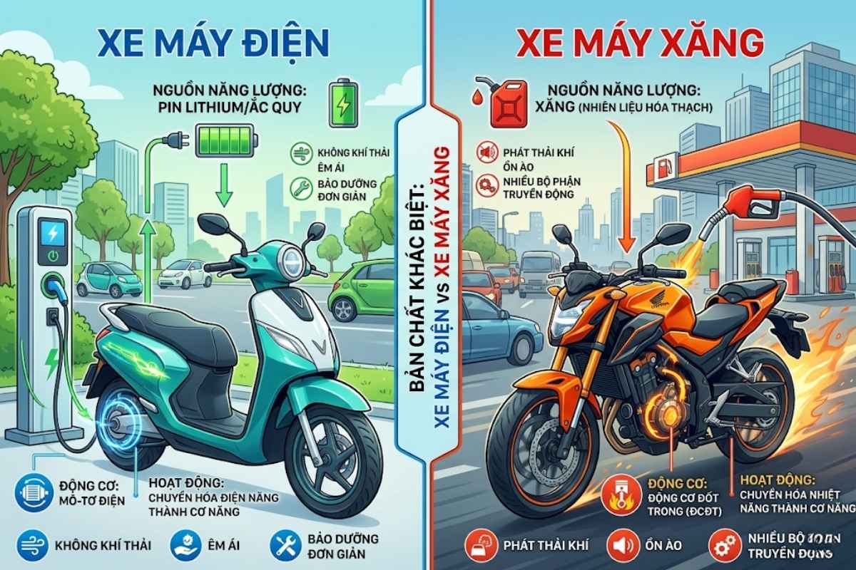 Xe máy điện và xe xăng khác nhau bản chất ở đâu?