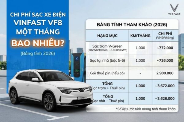 Chi phí sạc xe điện VinFast VF8 một tháng bao nhiêu (Bảng tính 2026)