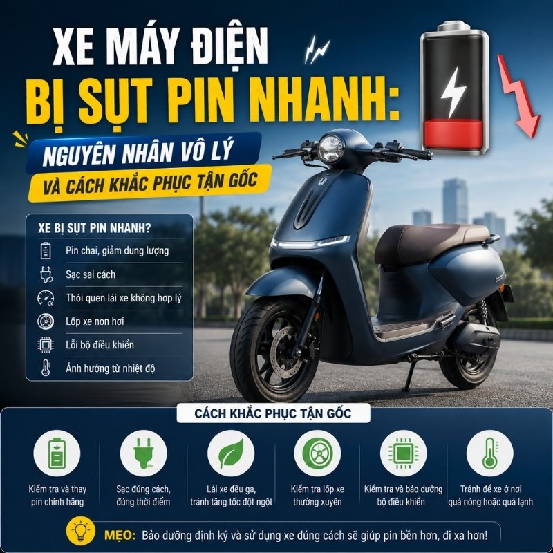 Xe Máy Điện Bị Sụt Pin Nhanh Nguyên Nhân Vô Lý Và Cách Khắc Phục Tận Gốc